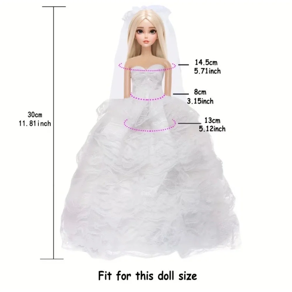 Elegant White Wedding Dress + Veil + Shoes Set For 11.5 in Fashion Doll NEW